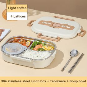 304 Stainless Steel Partition Sealed Insulated Lunch Box (Option: Light coffee-4Lattices no bag)