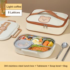 304 Stainless Steel Partition Sealed Insulated Lunch Box (Option: Light coffee-5Lattices bag)